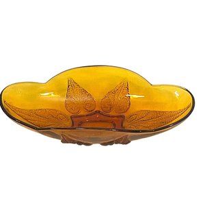 Vintage Amber Glass Renaissance Gold Bowl Dotted Leaf Pattern on Pedestal